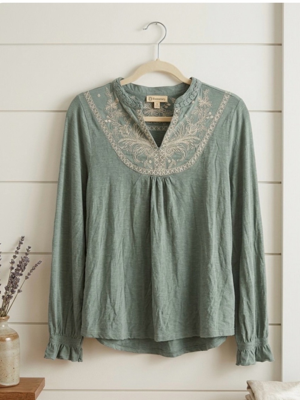 Democracy M boho Sage Green Embroidered V-Neck Long Sleeve Top
